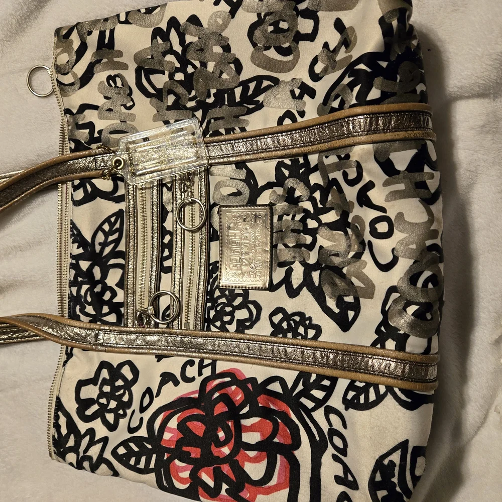 Coach Black and Red Tote Bag with Floral Accents